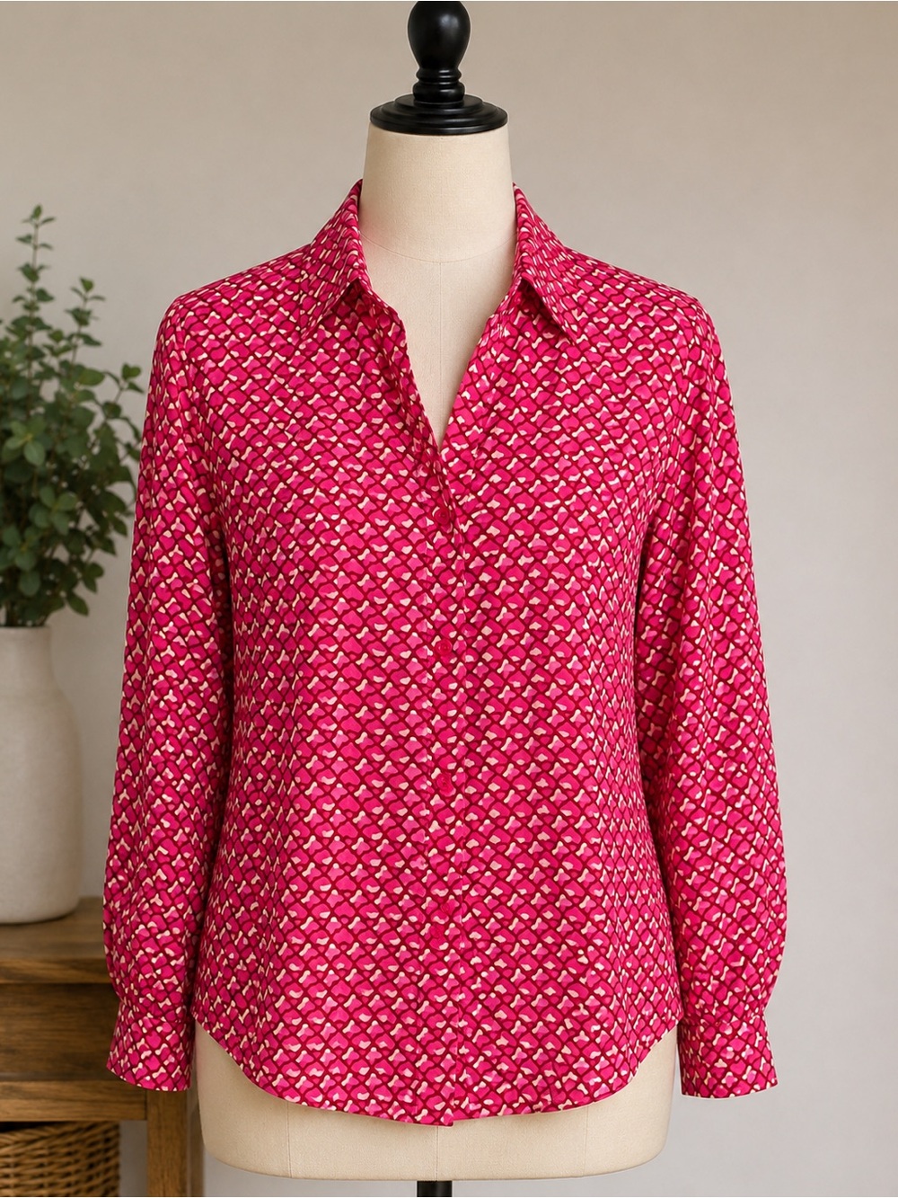 Olsen Women's Pink Patterned Button-Down Blouse